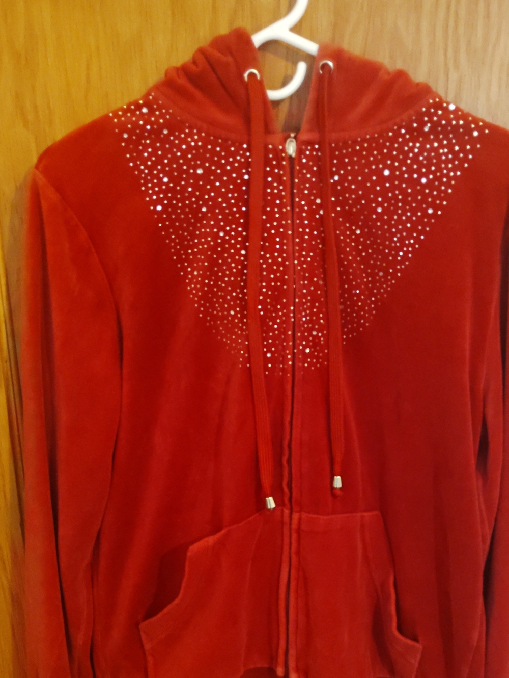 Red Maroon Velvet Zip-Up Hoodie with Rhinestone Detail